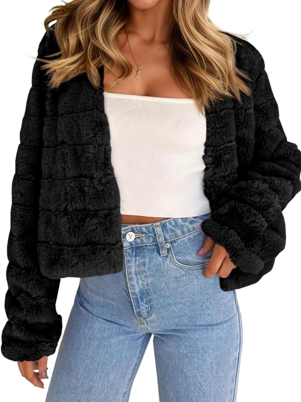 Black Faux Fur Cropped Jacket - Worn Once